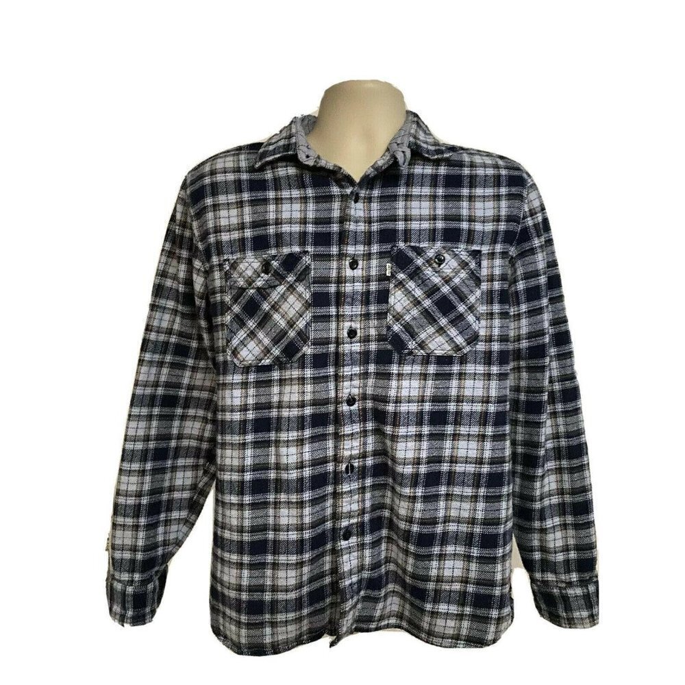 Vintage Levis Blue Plaid Flannel Button Up Shirt Medium Pockets Relaxed Cotton